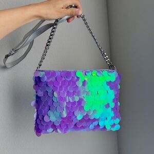 Purple lilac sequin crossbody bag with strap chain silver